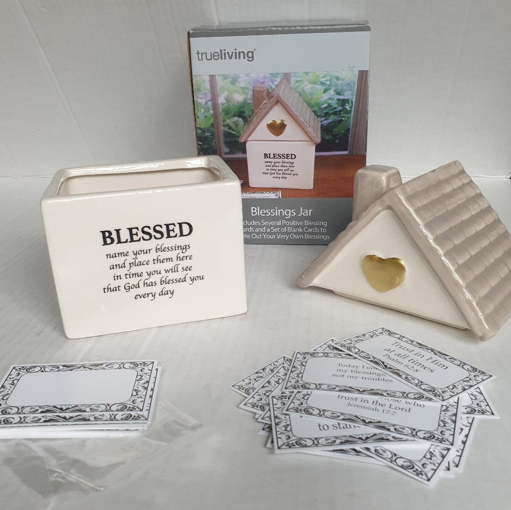 True Living Ceramic Blessing Jar House with 18 Blank Cards & 18 Positive Phases